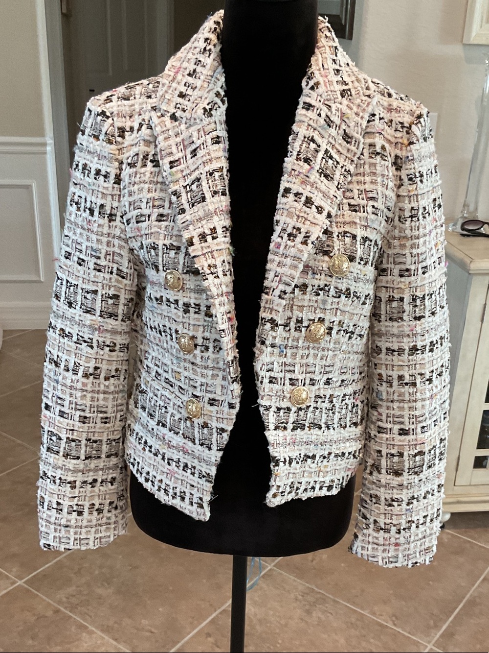 THE NOLI SHOP GAbrielle double breasted tweed blazer in ecru multi, size 8